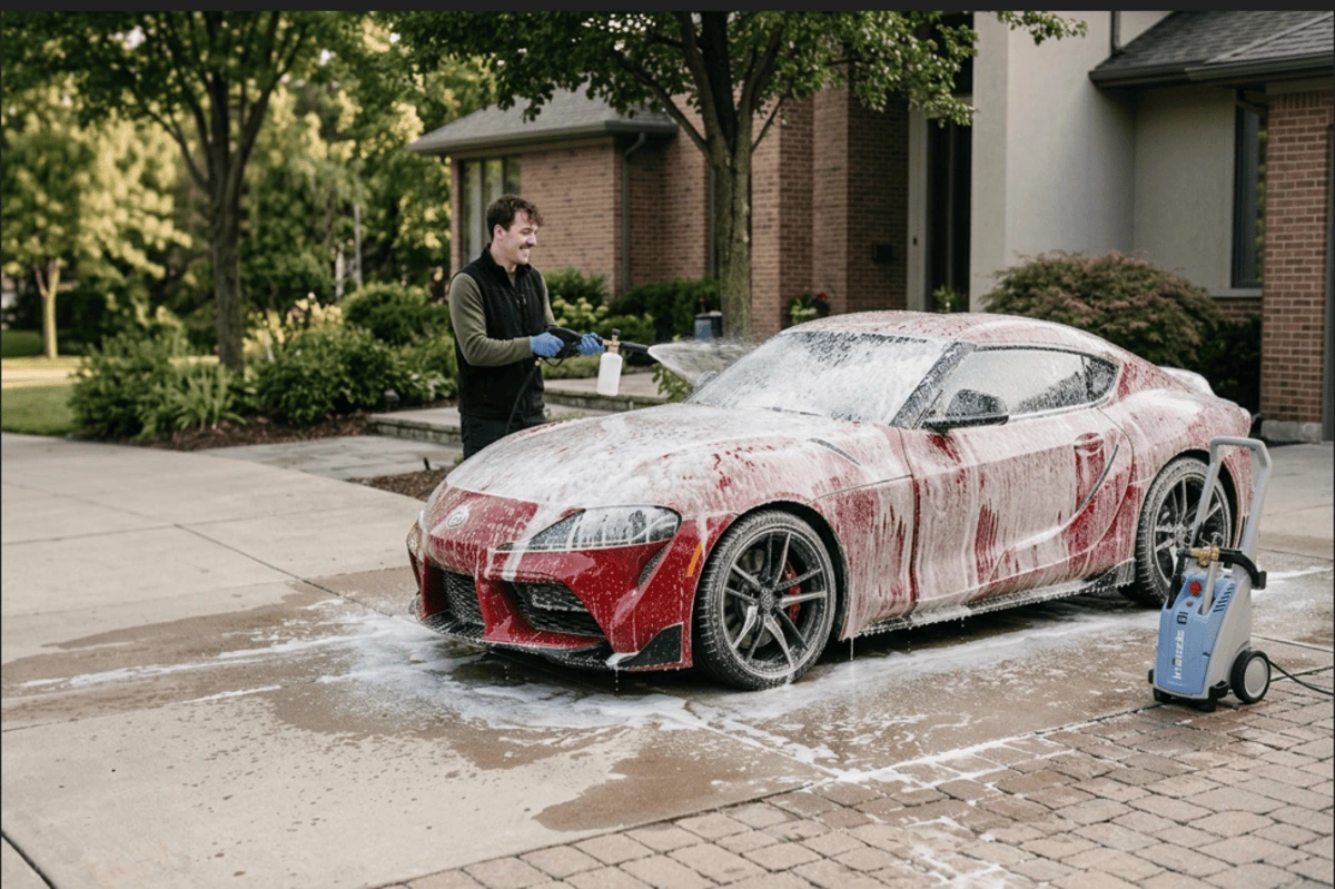 Professional detailer applying snow foam to a red sports car during a doorstep detailing servic