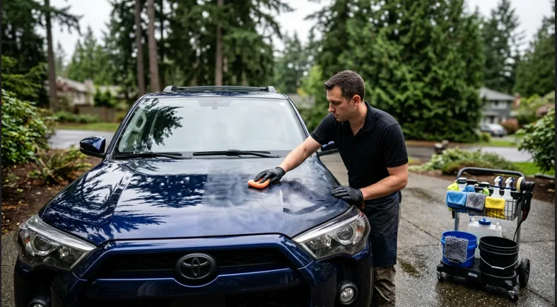 Mobile car detailer polishing an SUV hood in a Portland driveway showing before and after detailing results